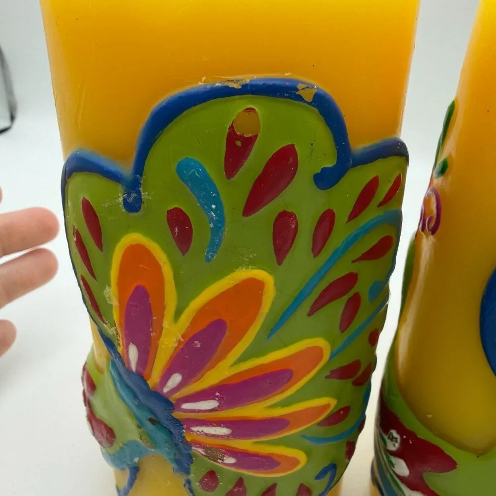 Pier 1 yellow peacock pillar candles set of two summer home decor lake house